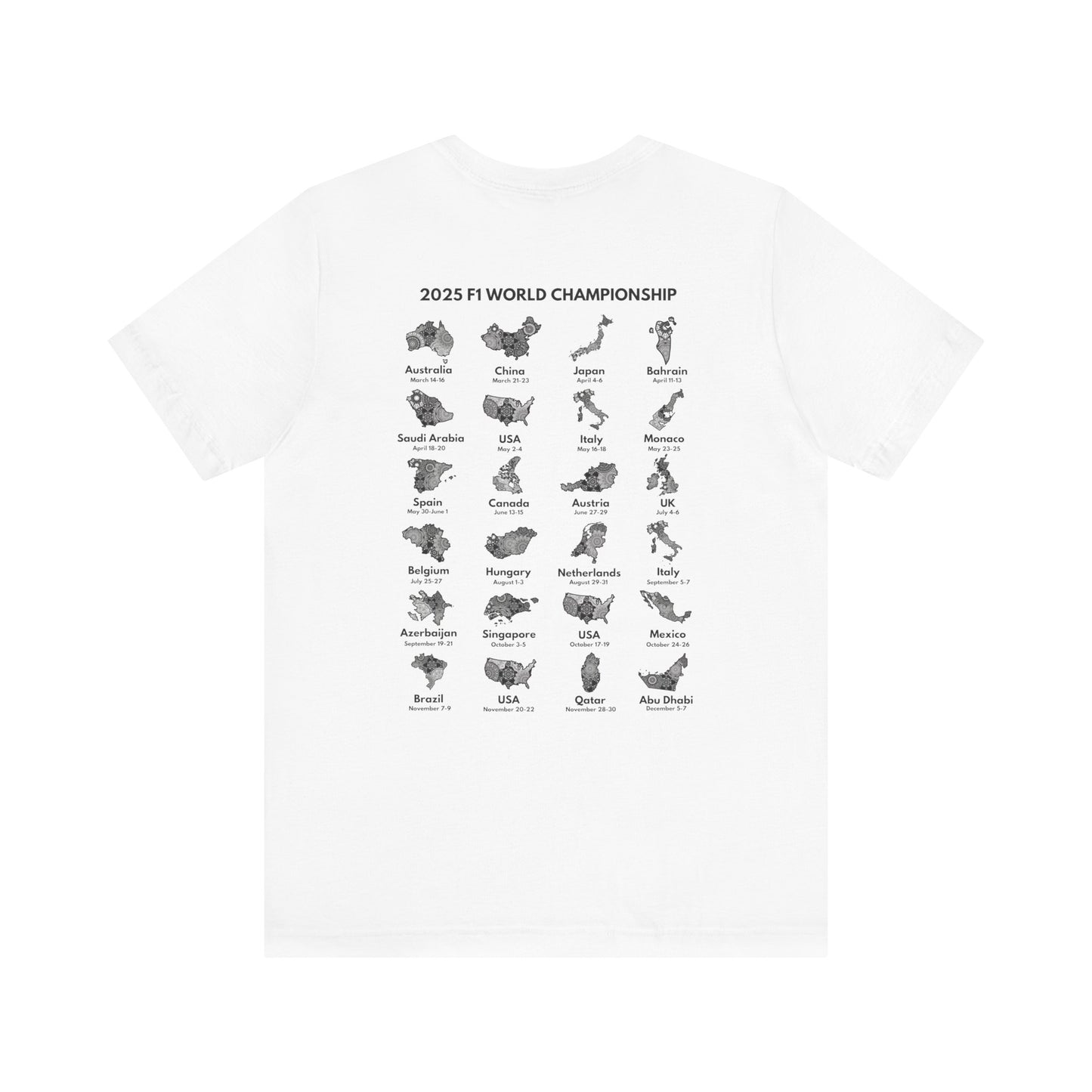 F1 2025 Calendar T-Shirt - Formula 1 Race Schedule Tee, Grand Prix Season Gift, Motorsport Countries Design, Birthday Christmas Present