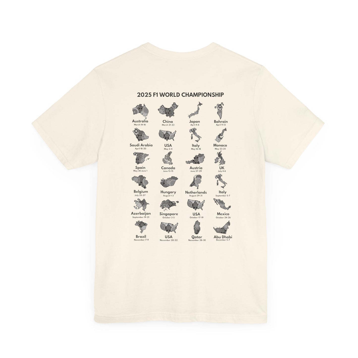 F1 2025 Calendar T-Shirt - Formula 1 Race Schedule Tee, Grand Prix Season Gift, Motorsport Countries Design, Birthday Christmas Present