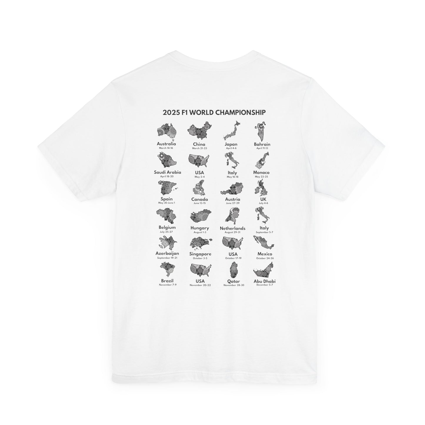 F1 2025 Calendar T-Shirt - Formula 1 Race Schedule Tee, Grand Prix Season Gift, Motorsport Countries Design, Birthday Christmas Present