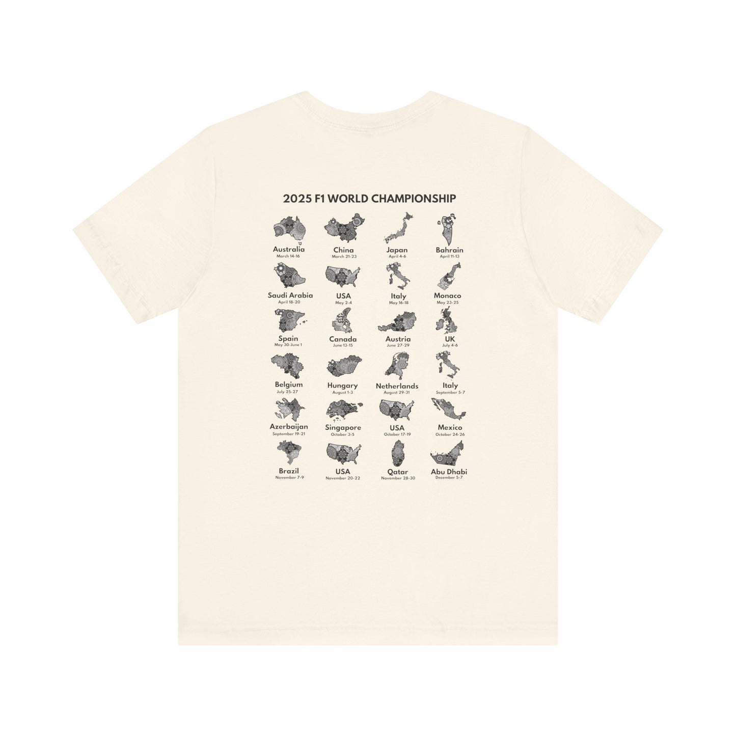 F1 2025 Calendar T-Shirt - Formula 1 Race Schedule Tee, Grand Prix Season Gift, Motorsport Countries Design, Birthday Christmas Present