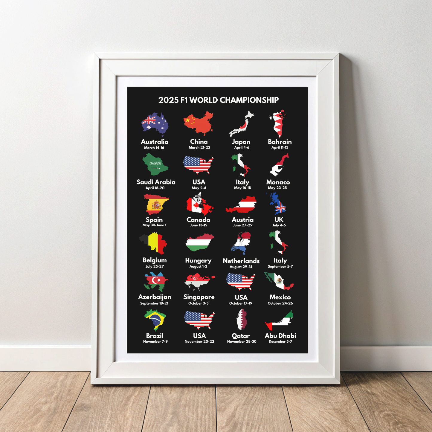 2025 Formula 1 World Calendar | Grand Prix Wall Premium Poster Print | F1 Gift | F1 Merch | Motorsport Gift & Home Decor l Framed