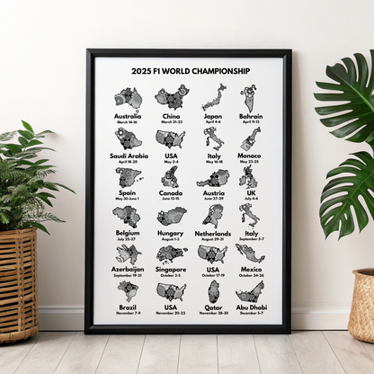 2025 F1 World Calendar | Grand Prix Wall Art Poster with Mandala Designs |  F1 Gift | F1 Merch | Motorsport Gift & Home Decor l Framed