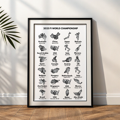 2025 F1 World Calendar | Grand Prix Wall Art Poster with Mandala Designs |  F1 Gift | F1 Merch | Motorsport Gift & Home Decor l Framed