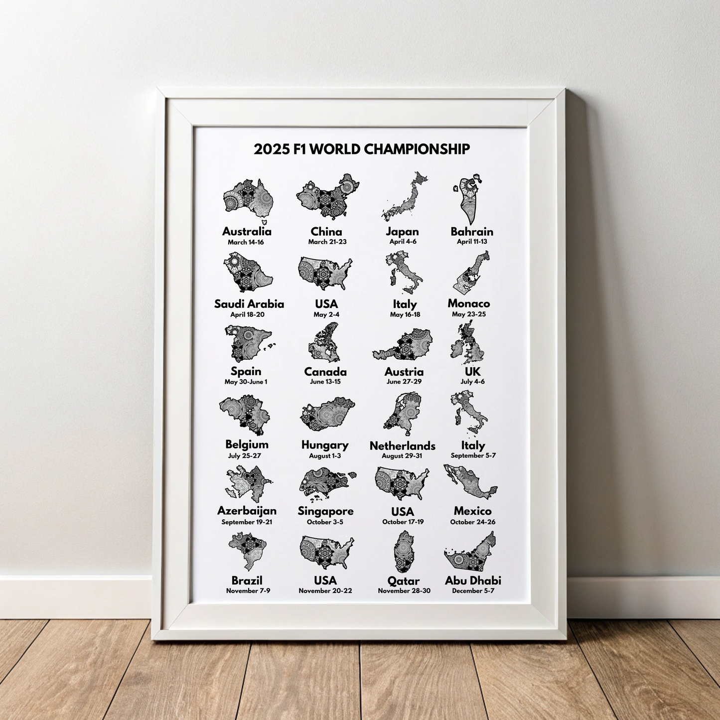 2025 F1 World Calendar | Grand Prix Wall Art Poster with Mandala Designs |  F1 Gift | F1 Merch | Motorsport Gift & Home Decor l Framed