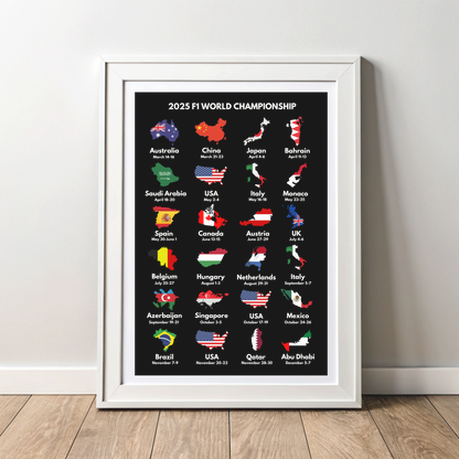 2025 Formula 1 World Calendar | Grand Prix Wall Premium Poster Print |  F1 Gift | F1 Merch | Motorsport Gift & Home Decor l Framed