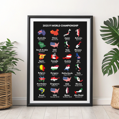 2025 Formula 1 World Calendar | Grand Prix Wall Premium Poster Print |  F1 Gift | F1 Merch | Motorsport Gift & Home Decor l Framed