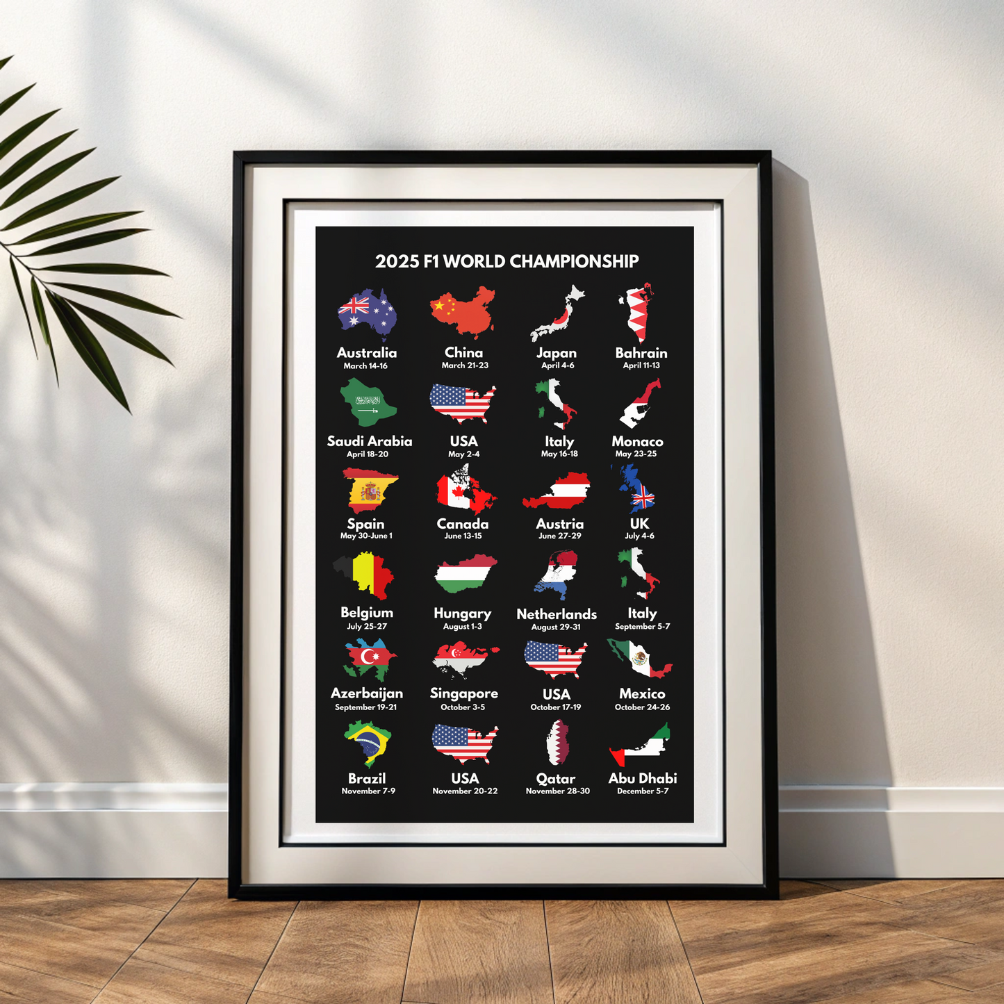 2025 Formula 1 World Calendar | Grand Prix Wall Premium Poster Print |  F1 Gift | F1 Merch | Motorsport Gift & Home Decor l Framed